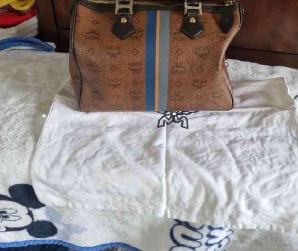 MCM Cognac Visetos Duffel Bag with Blue Stripe - Picture 5 of 16